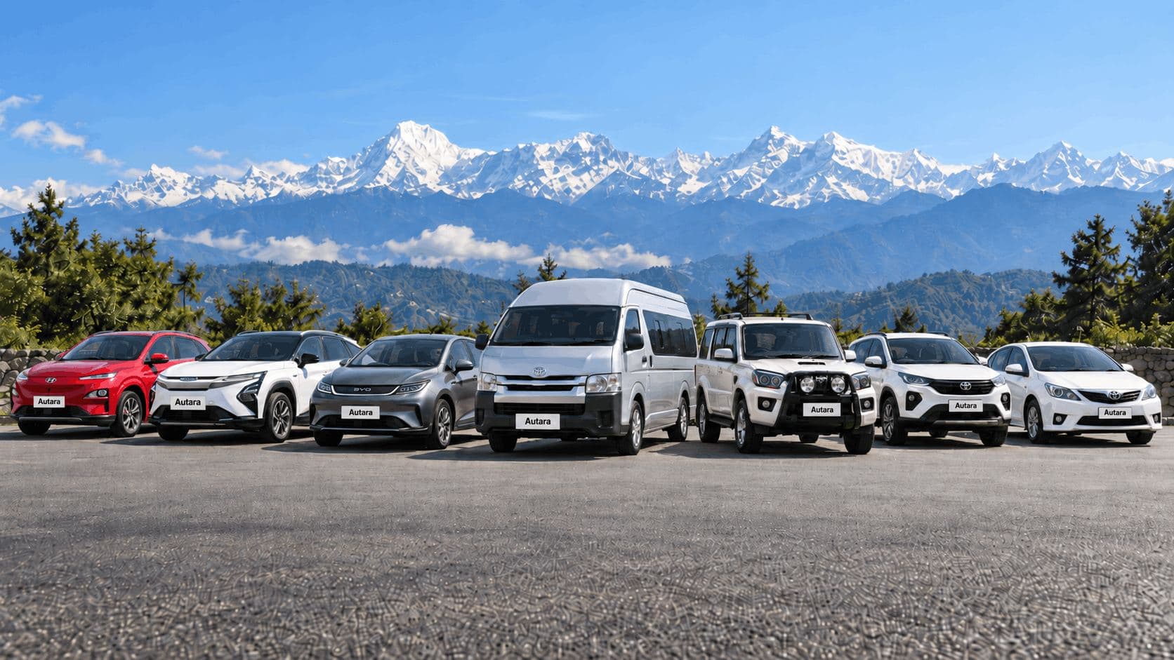 Car rental in Kathmandu — Autara Rental fleet on a mountain road in Nepal