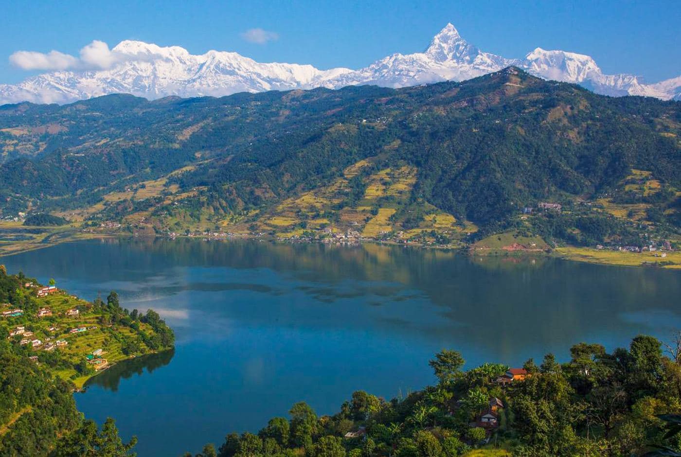 Phewa Lake and the Annapurna range in Pokhara, Nepal